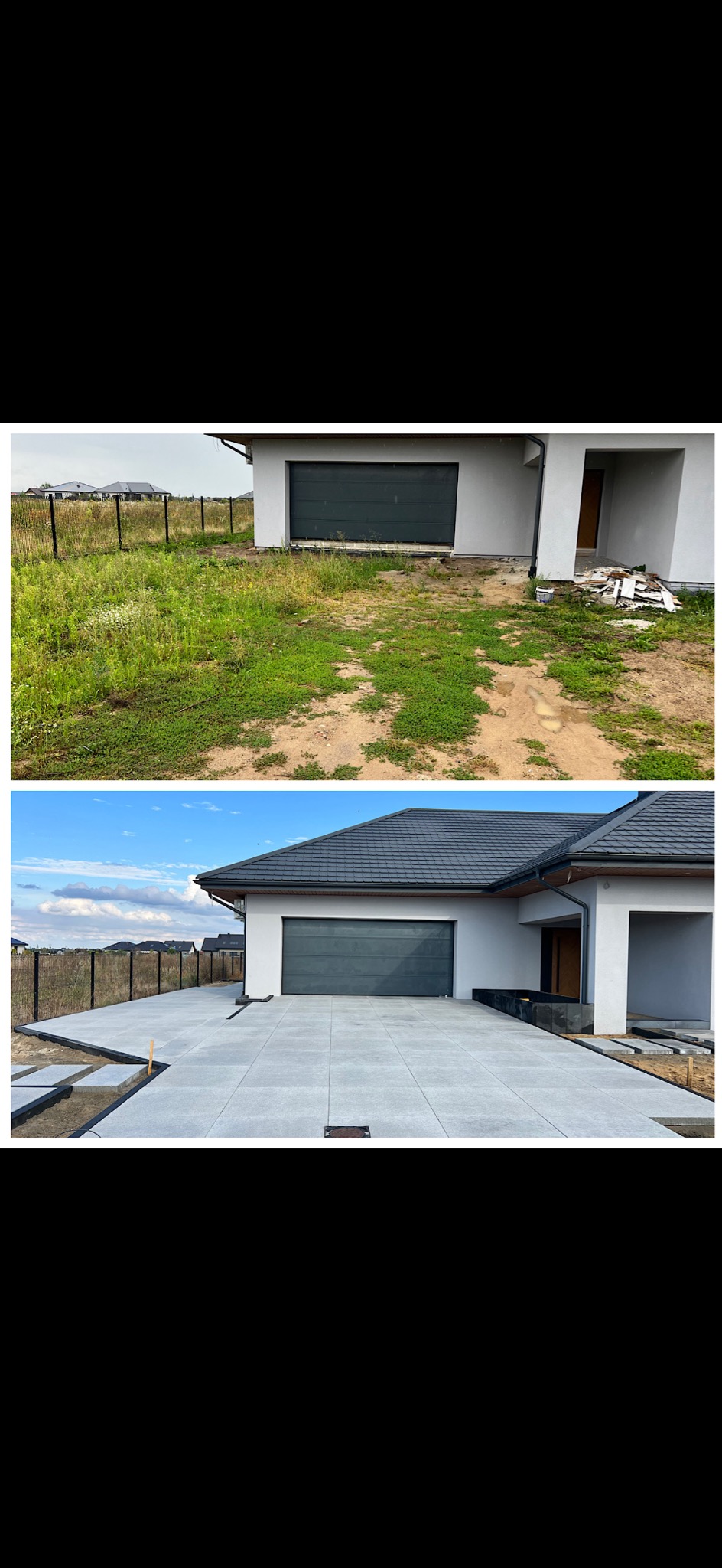 Zdjęcie 'przed i po' prezentujące transformację terenu przed domem: zarośnięty teren zamieniony w nowoczesny podjazd z jasnoszarej kostki brukowej.