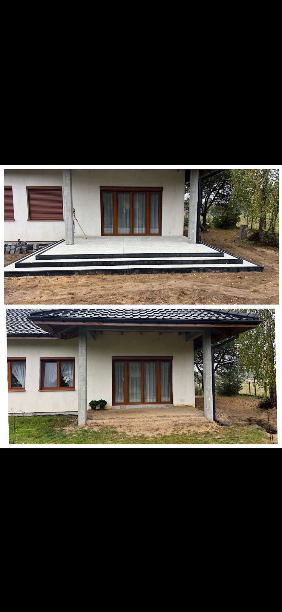 Zdjęcie 'przed i po' prezentujące taras: w trakcie układania kostki brukowej i po zakończeniu prac. Widoczne schody i fragment domu z oknami.