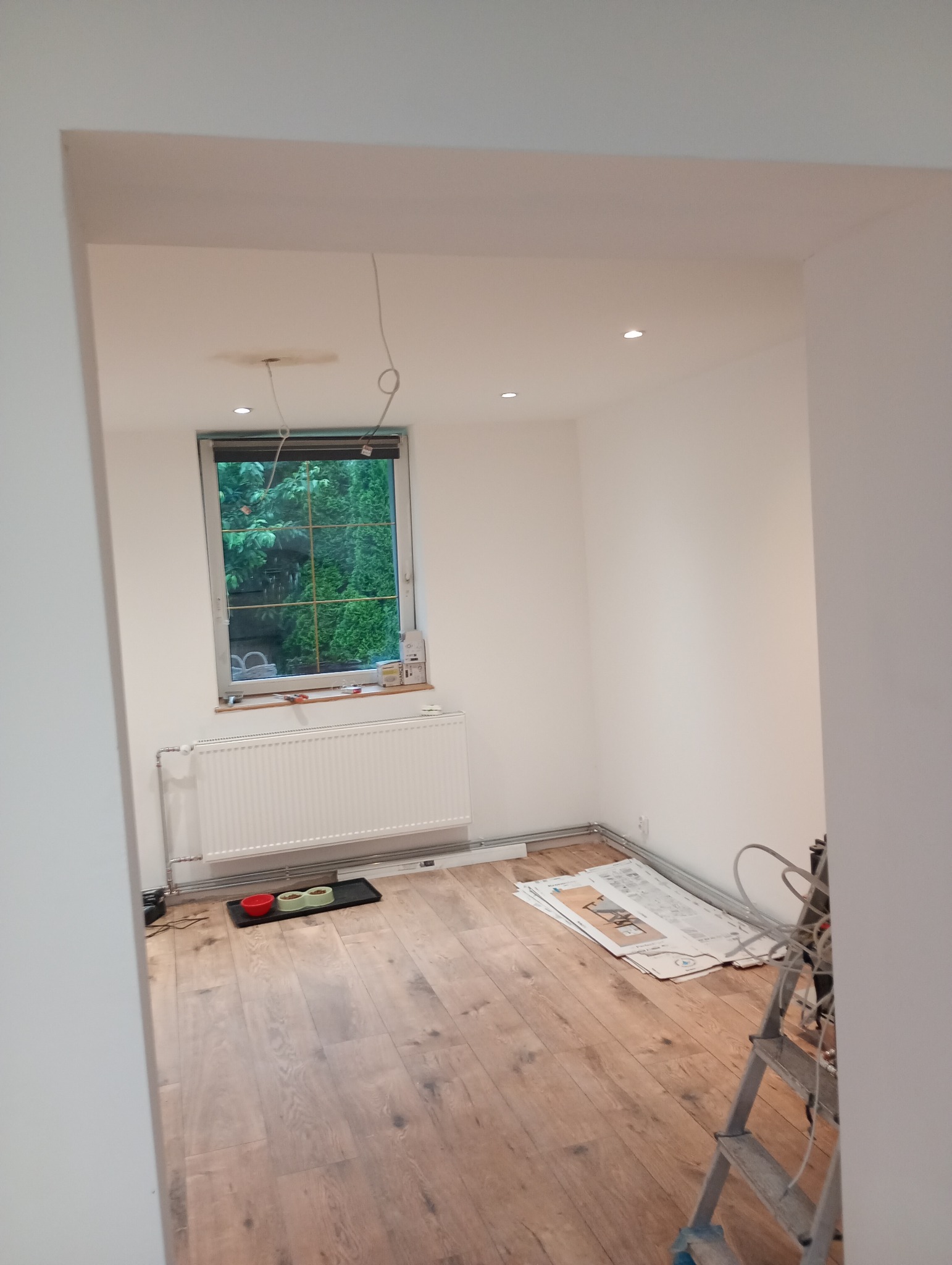 Pusty pokój po remoncie z drewnianą podłogą, białymi ścianami i oknem z widokiem na zieleń. Widoczne kable od oświetlenia sufitowego i drabina malarska.