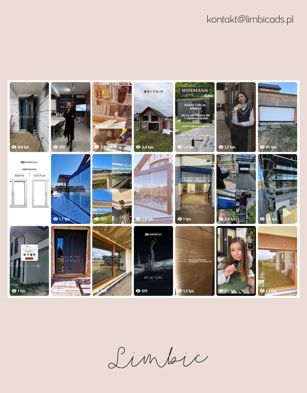 Kolaż zdjęć okien i drzwi różnych producentów, prezentujący realizacje montażu i gotowe produkty. Widoczne okna PVC, aluminiowe, drewniane, bramy garażowe i drzwi wejściowe.