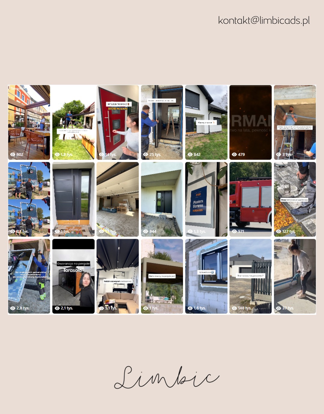 Kompilacja zdjęć z realizacji montażu okien, drzwi i pergoli, prezentująca różnorodne projekty i etapy prac. Widoczne detale konstrukcyjne i wykończeniowe.