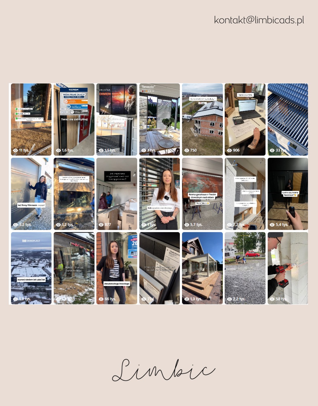 Kolekcja zdjęć realizacji: drzwi Gerda, tarasola, brama garażowa z nadrukiem, okna Oknoplast, kobieta na tle realizacji. Prezentacja portfolio firmy.