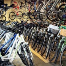 Blue Sport Grojec - sklep rowerowy - Rząd rowerów z koszykami, wiszące rowery na ścianie, tworzące gęsty układ. Różne modele i kolory, od miejskich po górskie, sugerują wypożyczalnię lub sklep rowerowy.