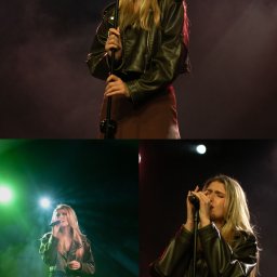 IG Artist Agency - Kolaż: wokalistka z blond włosami w skórzanej kurtce śpiewa do mikrofonu na scenie oświetlonej reflektorami w kolorach zieleni, czerwieni i bieli.