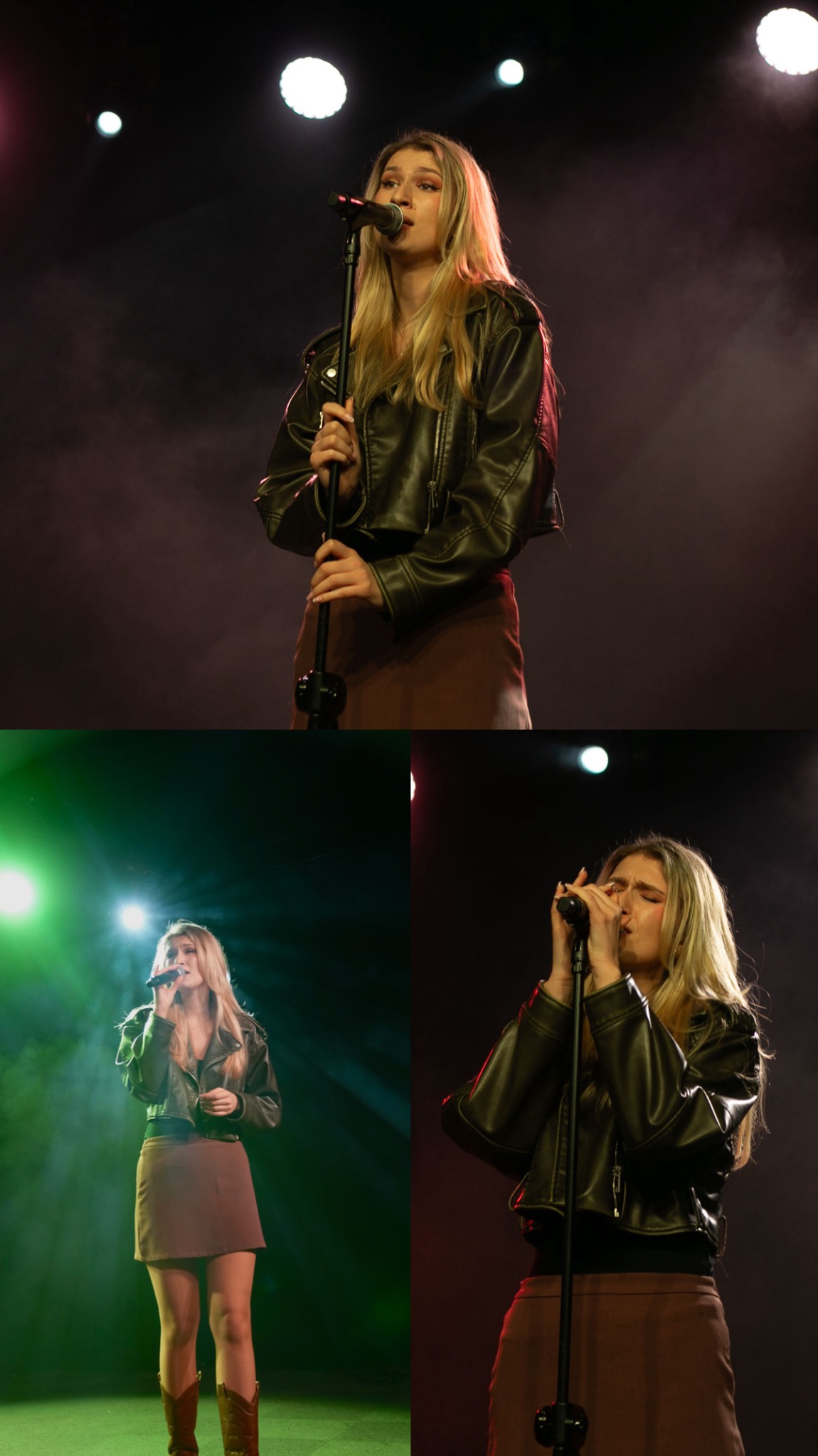 Kolaż: wokalistka z blond włosami w skórzanej kurtce śpiewa do mikrofonu na scenie oświetlonej reflektorami w kolorach zieleni, czerwieni i bieli.
