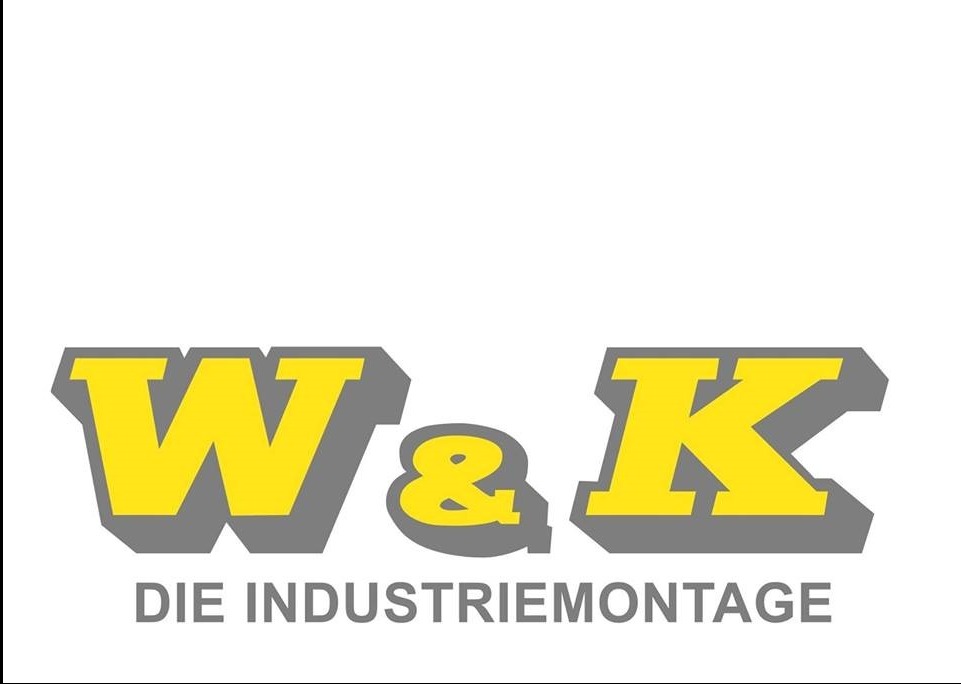 Żółto-szare logo firmy W&K Die Industriemontage z Lubina na białym tle. Grafika z wyraźnymi literami i napisem o montażu przemysłowym.