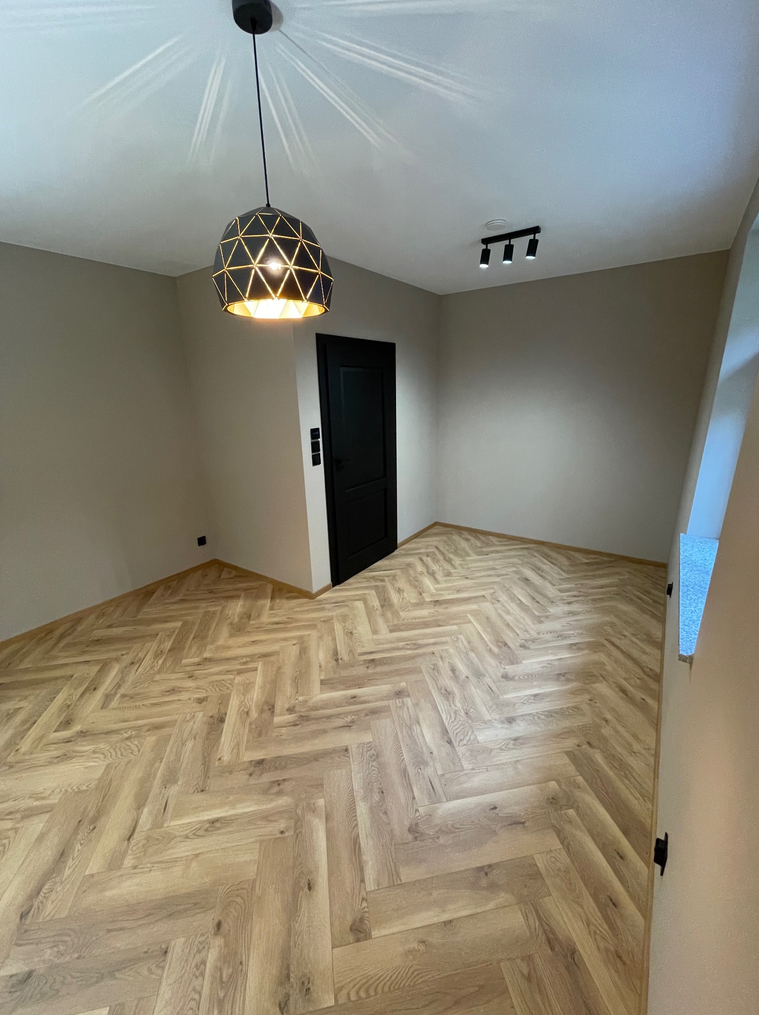 Jasne panele ułożone w jodełkę francuską w pustym pokoju z czarnymi drzwiami i nowoczesnym oświetleniem sufitowym. Ściany w odcieniach beżu.