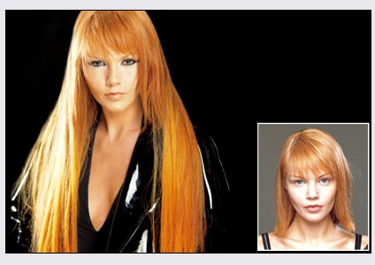 Kobieta z długimi, prostymi, rudymi włosami z grzywką, ubrana w czarny strój, na czarnym tle, obok wstawka z portretem tej samej kobiety z krótszymi włosami.