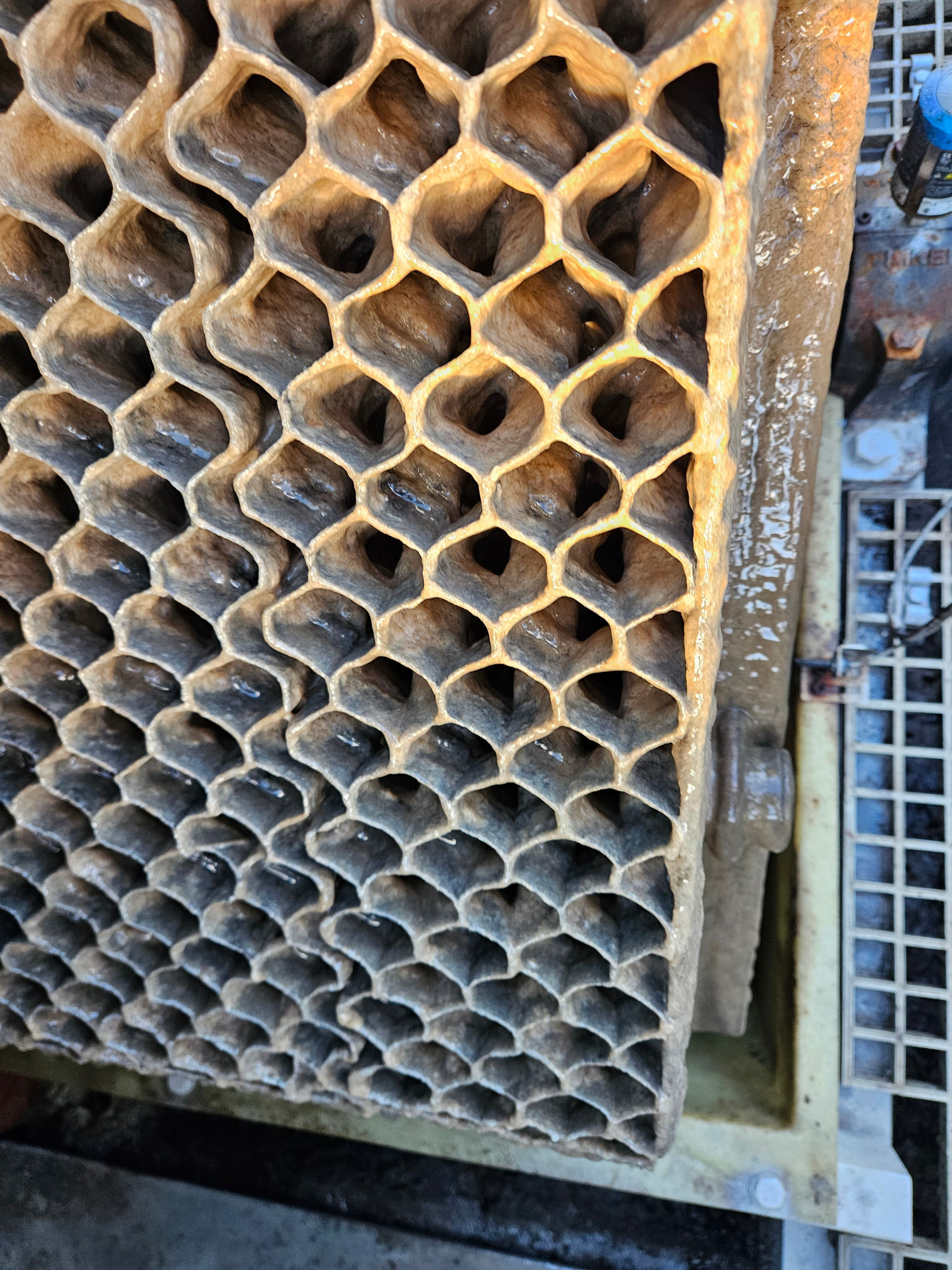 Filtr o strukturze plastra miodu, pokryty osadem, prawdopodobnie element oczyszczalni ścieków. Widoczne zabrudzenia i detale konstrukcji.