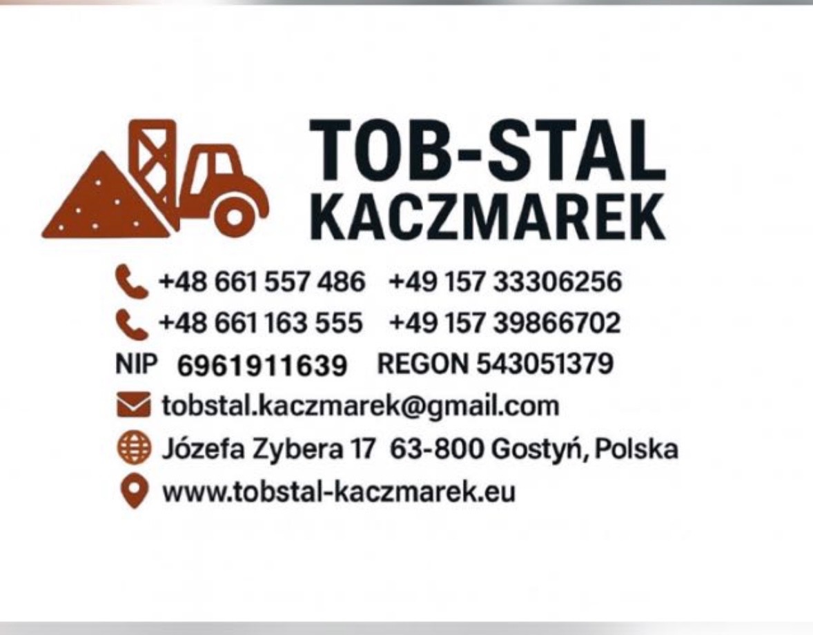 Wizytówka firmy TOB-STAL KACZMAREK z Gostynia, oferującej usługi budowlane. Zawiera logo z koparką i stertą piasku, numery telefonów, NIP, REGON, adres e-mail i stronę internetową.