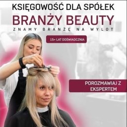 VAJLEN SPÓŁKA Z OGRANICZONĄ ODPOWIEDZIALNOŚCIĄ - Księgowość dla branży beauty: fryzjerka stylizuje włosy klientki. Reklama z hasłem 'Znamy branżę na wylot' i informacją o 15+ latach doświadczenia.