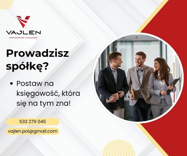 Trzy osoby w garniturach idą korytarzem biurowym, uśmiechają się. Reklama biura rachunkowego dla spółek z hasłem 'Prowadzisz spółkę?'