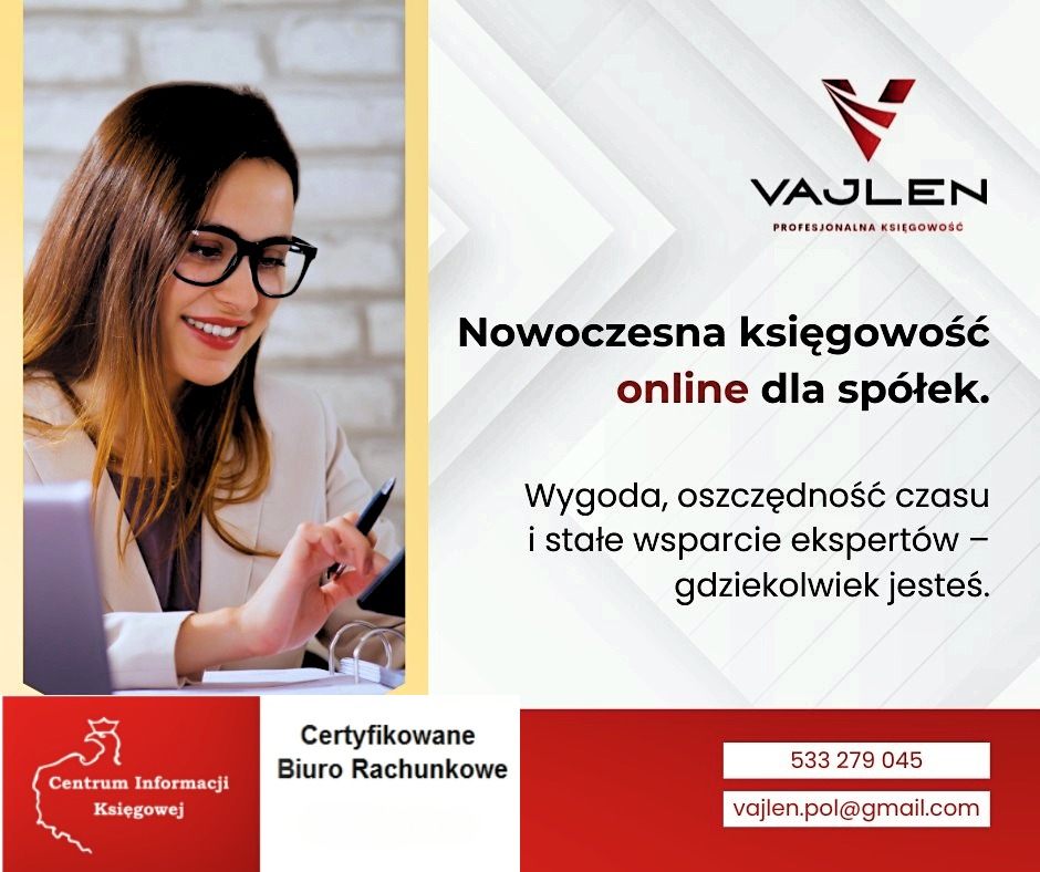 Uśmiechnięta kobieta w okularach, pracująca na laptopie, obok logo firmy księgowej Vajlen i hasło: Nowoczesna księgowość online dla spółek.