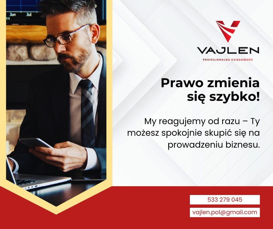 Mężczyzna w garniturze, z laptopem i telefonem, na tle reklamy biura rachunkowego Vajlen. Profesjonalna księgowość, szybka reakcja na zmiany w prawie.
