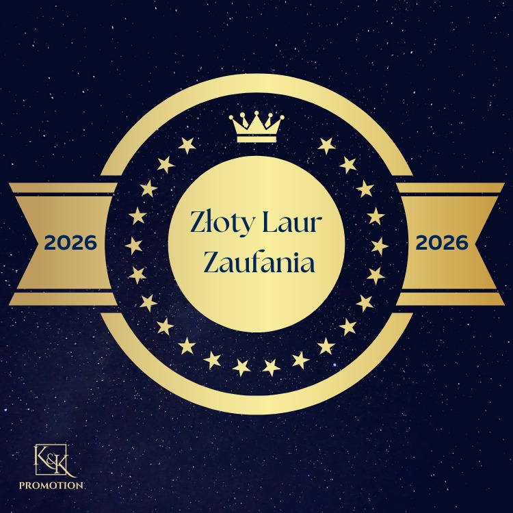 Złoty Laur Zaufania 2026 na tle granatowego nieba z gwiazdami. Grafika z koroną i napisem, symbolizująca nagrodę lub wyróżnienie.
