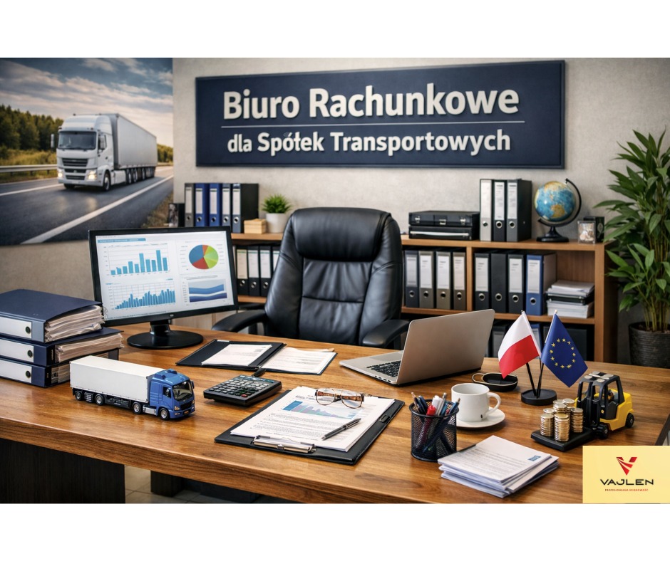 Biuro rachunkowe dla firm transportowych: biurko z laptopem, dokumentami, kalkulatorem, flagami PL i UE, modelem ciężarówki i wózka widłowego z monetami.
