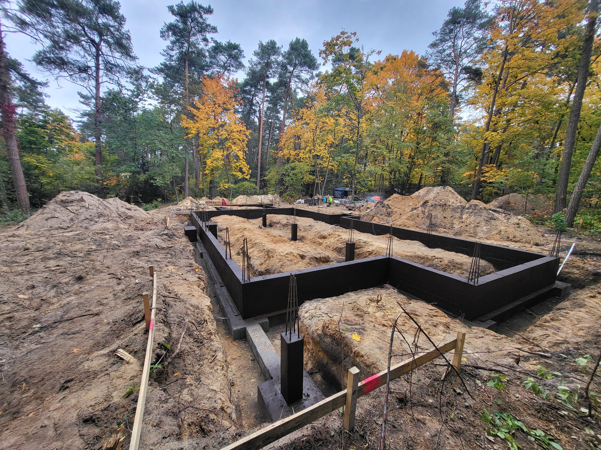 Zalane fundamenty domu w lesie, zabezpieczone czarną izolacją. Widoczne zbrojenia i drewniane szalunki. Jesienne drzewa w tle.