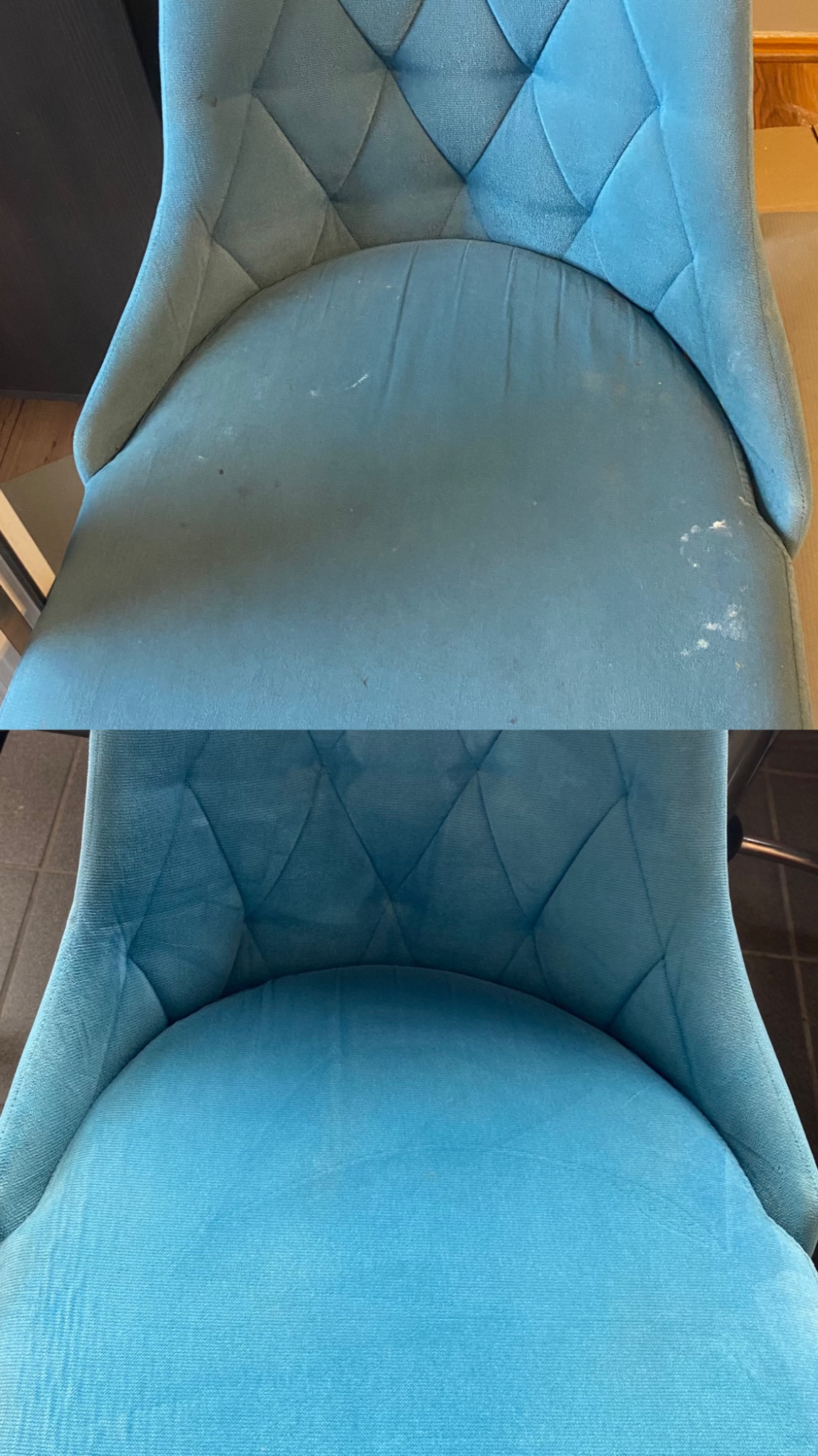 Krzesło tapicerowane w odcieniach błękitu, podzielone na dwie części: górna z widocznymi plamami, dolna po czyszczeniu, prezentująca odświeżony wygląd.