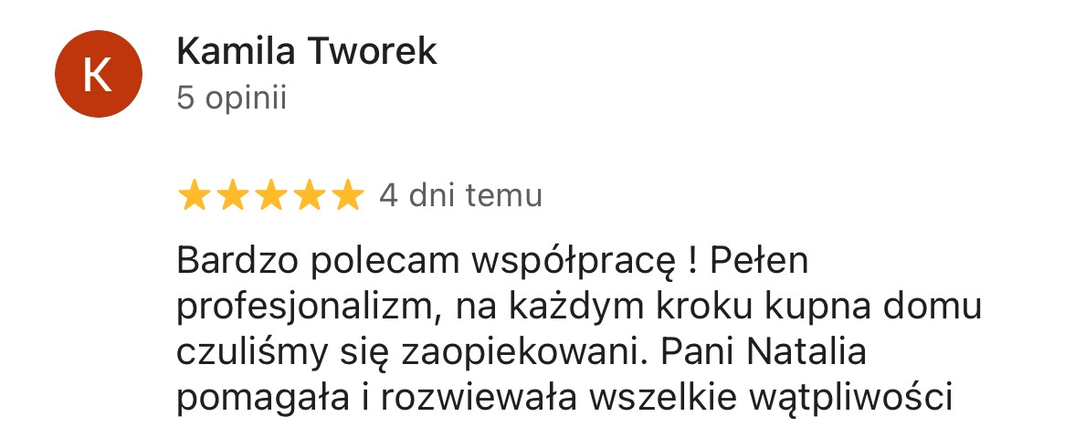 Opinia klientki Kamili Tworek z oceną 4 gwiazdki, polecająca współpracę przy kupnie domu i podkreślająca profesjonalizm oraz pomoc Pani Natalii.