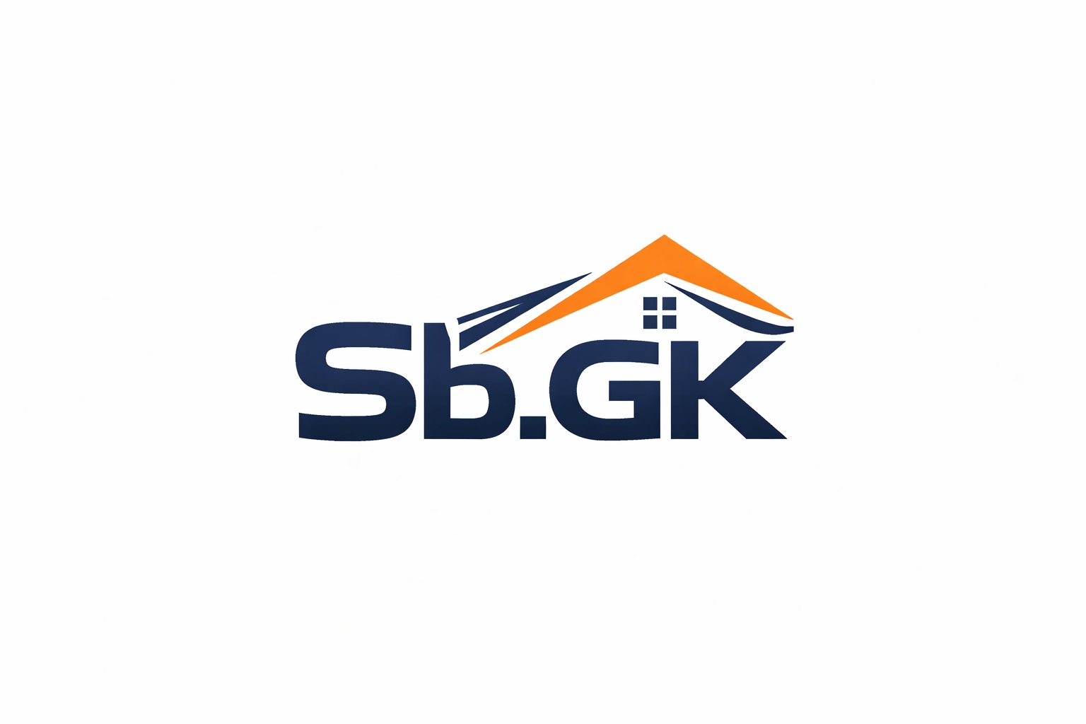 Logo firmy Sb.GK z motywem domu: granatowe litery i pomarańczowy dach z oknami, na białym tle. Minimalistyczny design.
