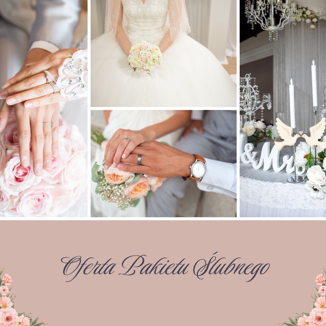 Kolaż ślubny: dłonie z obrączkami, bukiety, dekoracja stołu z gołębiami i napis 'Oferta Pakietu Ślubnego' w ozdobnej czcionce na beżowym tle.