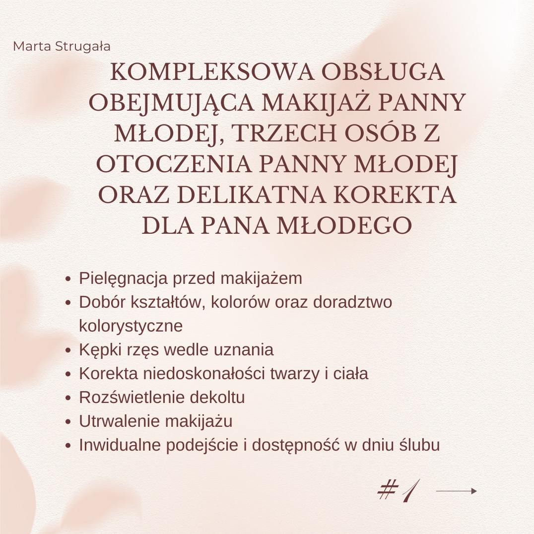Oferta kompleksowej obsługi makijażu ślubnego: panna młoda, 3 osoby z otoczenia i delikatna korekta dla pana młodego. Lista usług i kontakt. Minimalistyczny design.