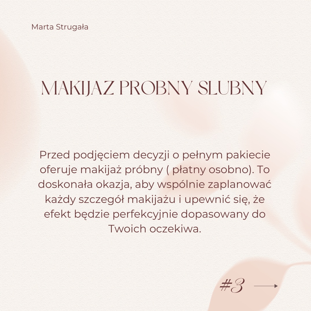 Grafika informacyjna o makijażu próbnym ślubnym w Mieroszowie. Tekst na beżowym tle z motywem roślinnym, numer 3 i strzałka w prawym dolnym rogu.