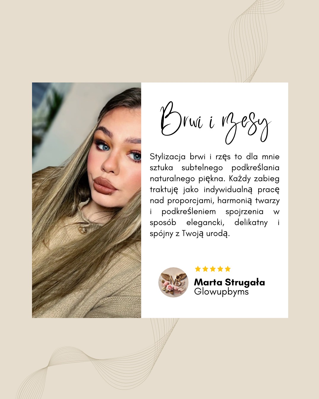 Portret kobiety z profesjonalnym makijażem brwi i ust, prezentowany obok tekstu reklamowego salonu kosmetycznego z oceną 5 gwiazdek.