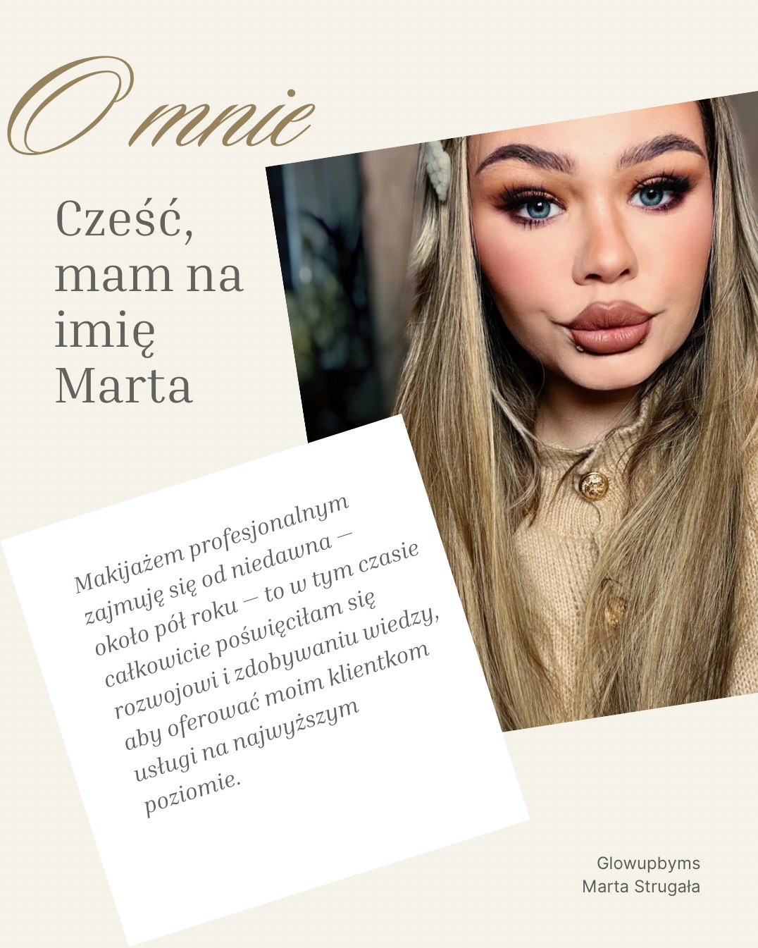 Portret kobiety o niebieskich oczach z profesjonalnym makijażem, w beżowym swetrze, z tekstem o ofercie usług. Uwagę przyciąga wyrazisty makijaż oczu i ust.