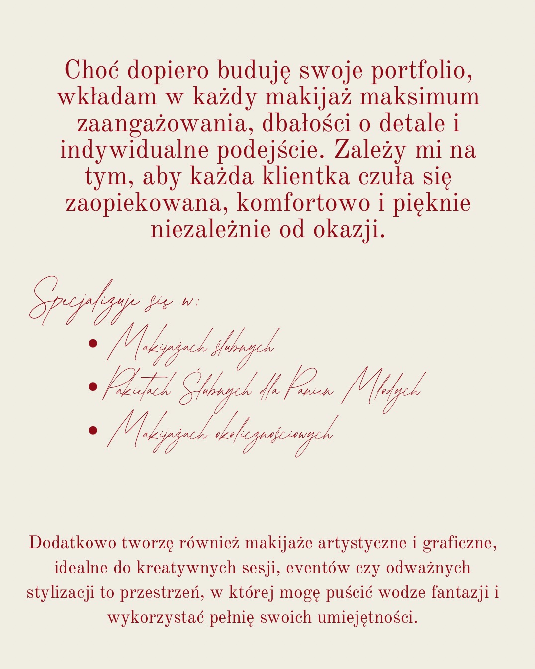 Tekst informujący o budowaniu portfolio makijażysty, specjalizującego się w makijażach ślubnych i okolicznościowych, z dbałością o detale i indywidualne podejście.