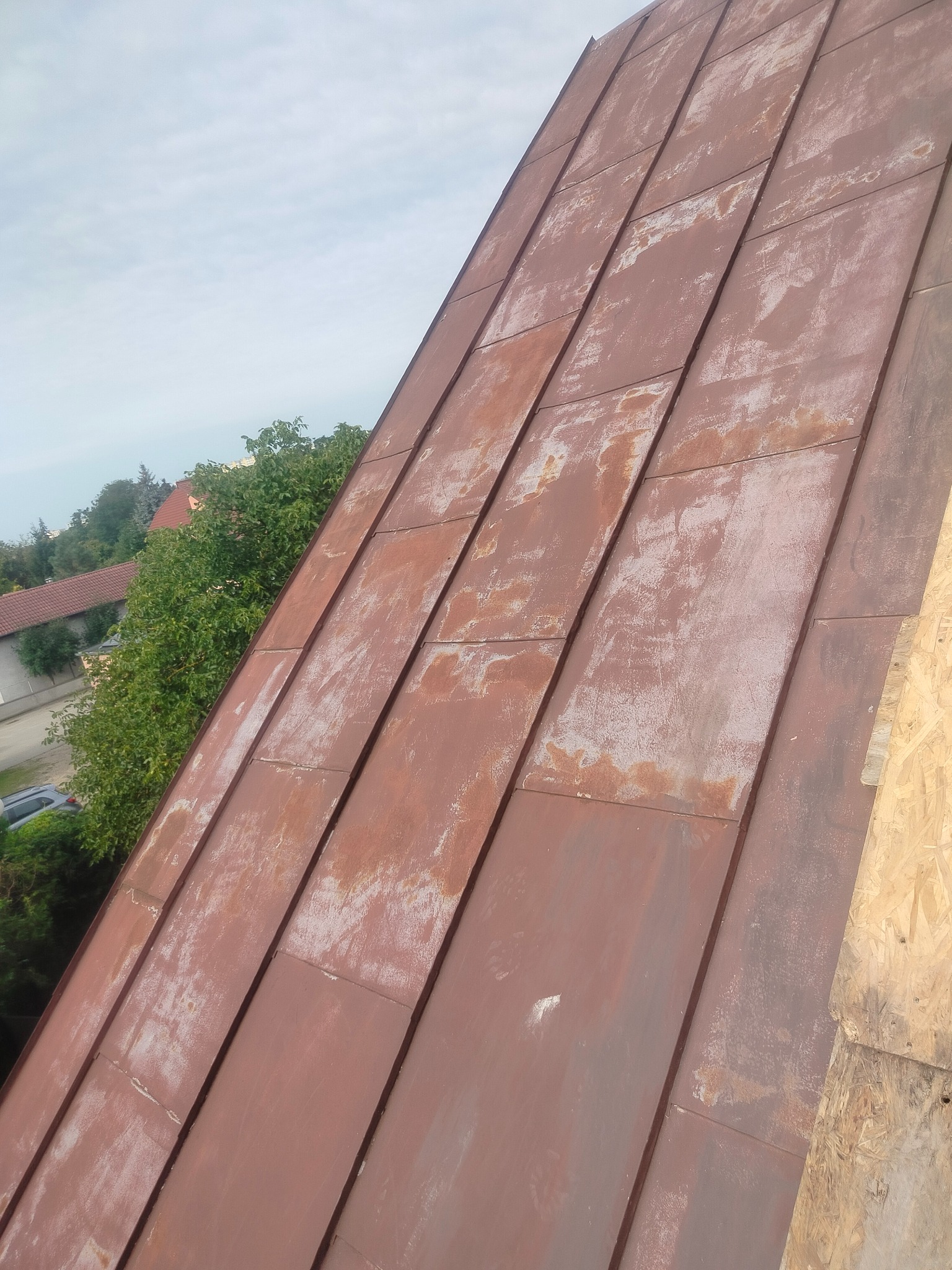 Rdzewiejące, metalowe panele dachowe z widocznymi śladami korozji, ułożone pod kątem, z fragmentem drewnianej konstrukcji i zielenią w tle.