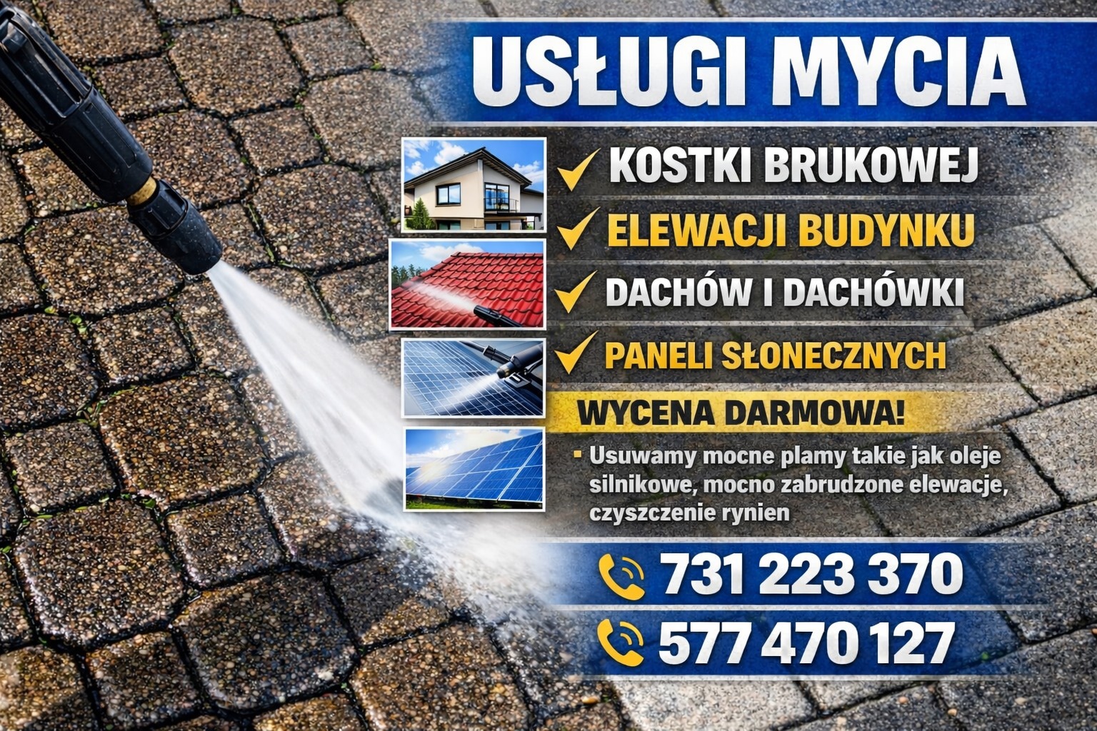 Czyszczenie kostki brukowej myjką ciśnieniową. Oferta usług mycia elewacji, dachów, paneli słonecznych. Darmowa wycena i usuwanie trudnych plam.