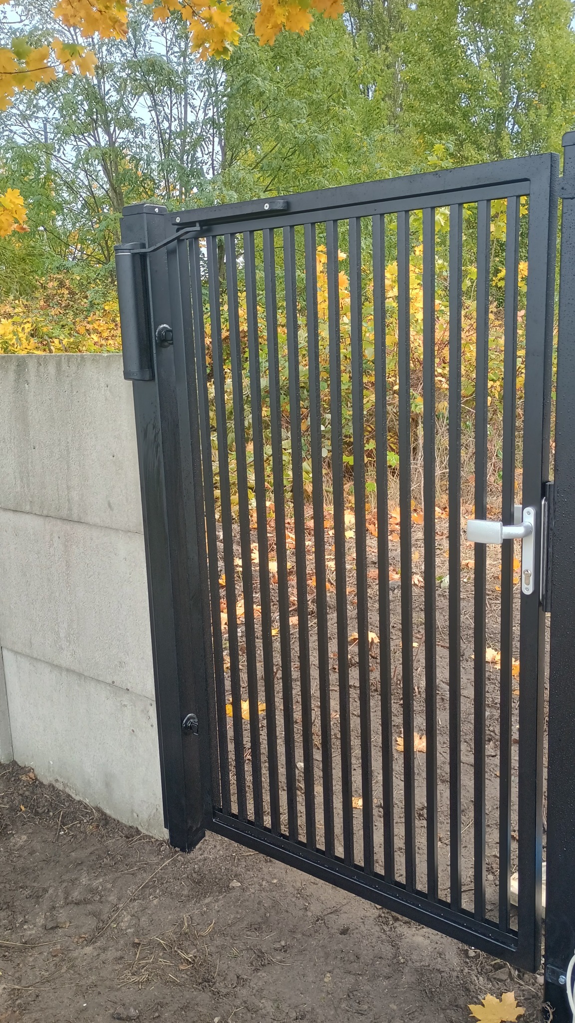 Nowoczesna, czarna furtka metalowa z pionowymi szczebelkami, zamontowana przy betonowym słupku. W tle jesienne drzewa z żółtymi liśćmi.