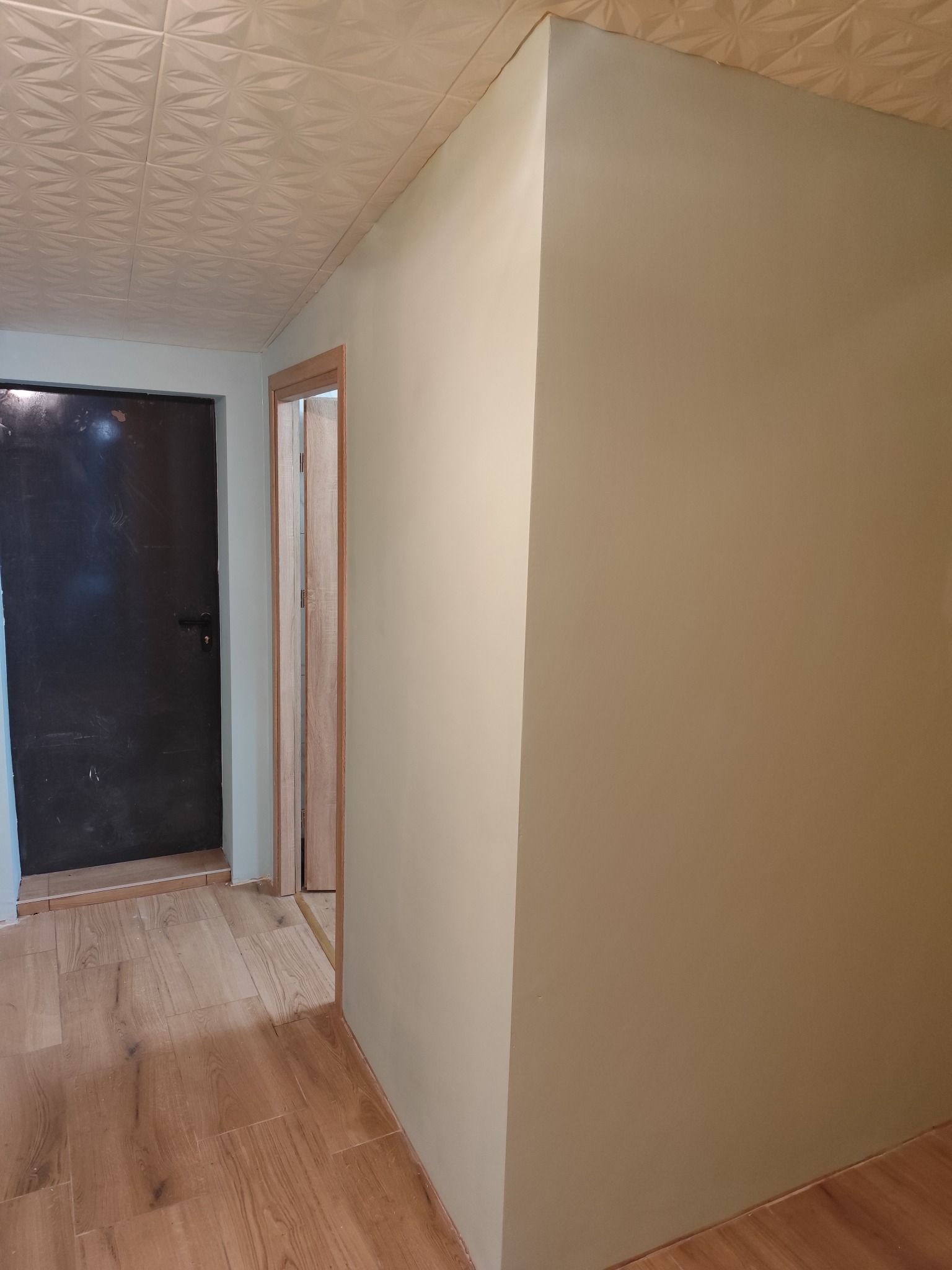 Świeżo pomalowane ściany w odcieniach beżu w korytarzu z drewnopodobną podłogą i czarnymi drzwiami. Sufit z kasetonami. Widok na otwarte drzwi.