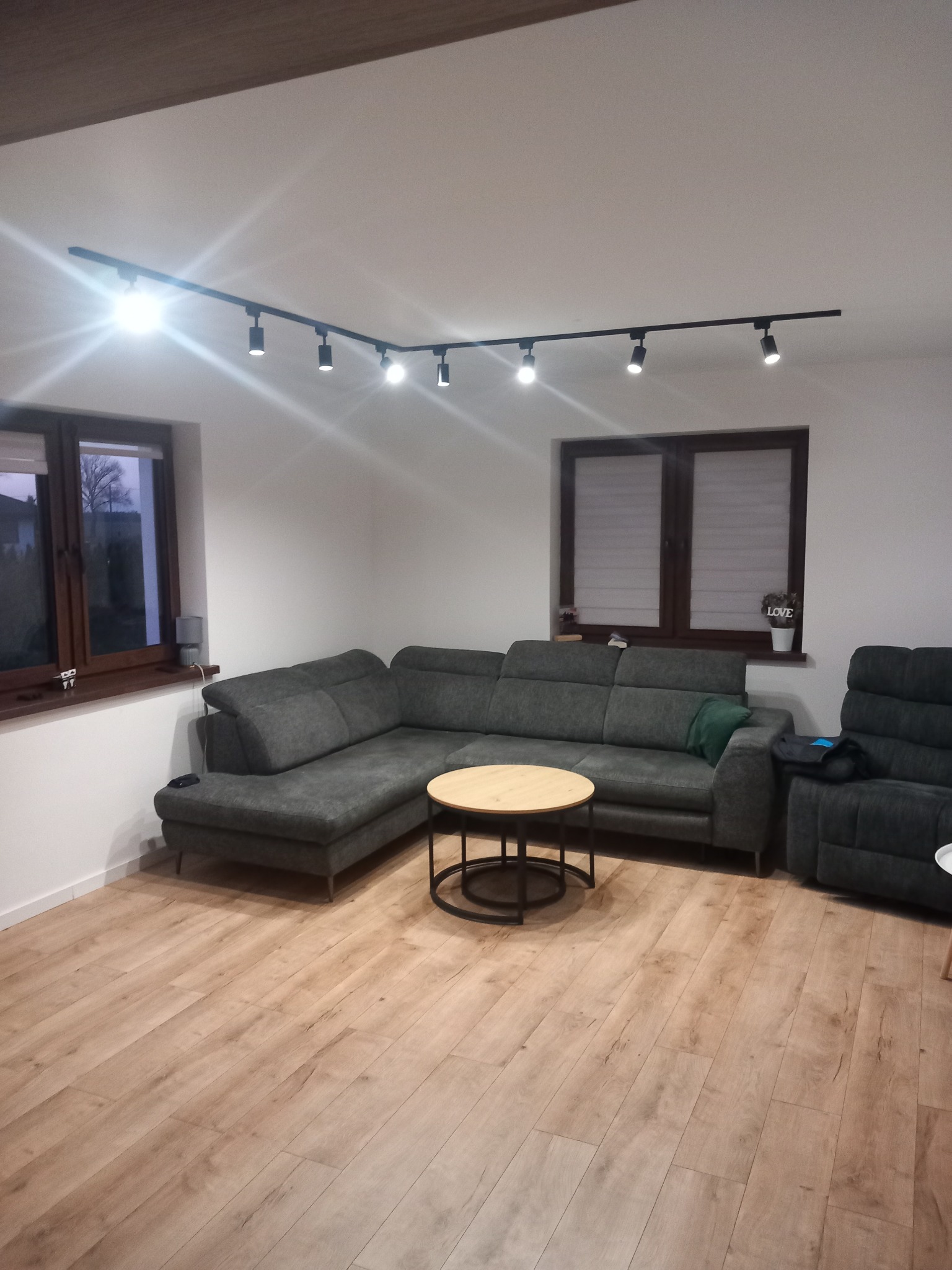 Nowoczesny salon z szarą sofą narożną, okrągłym stolikiem kawowym i drewnianą podłogą. Oświetlenie szynowe z reflektorami. Dwa okna z drewnianą stolarką.
