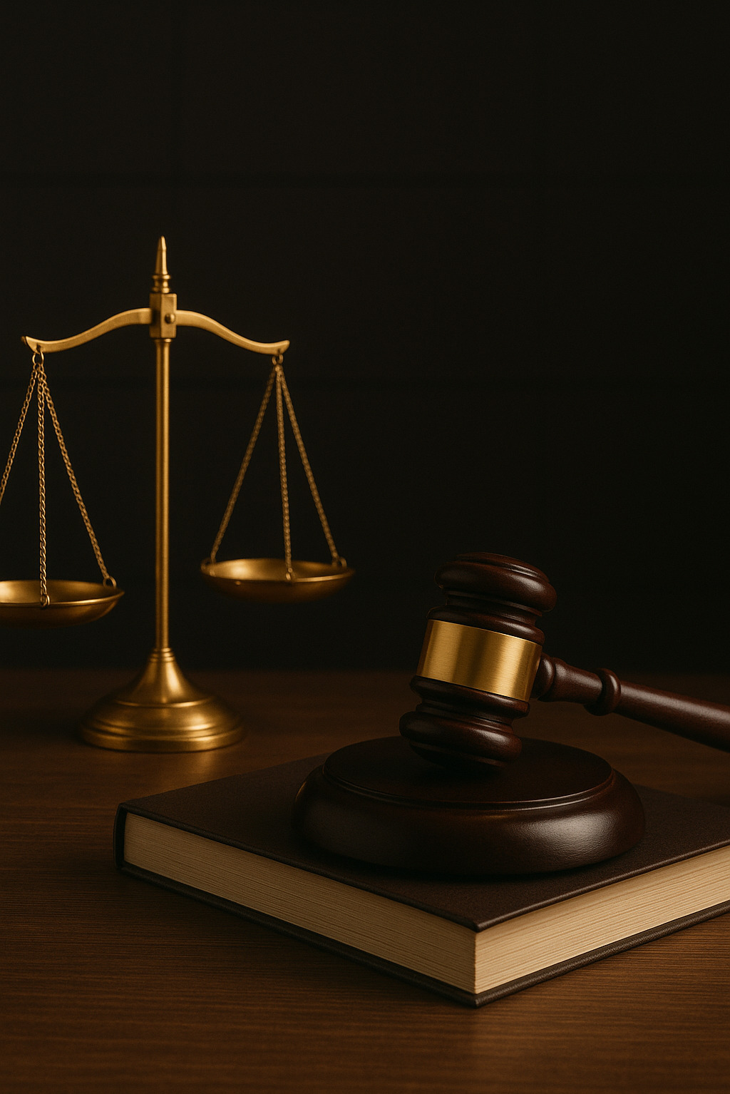 Złota waga sprawiedliwości i drewniany młotek sędziowski na brązowej książce, na ciemnym tle. Symbol prawa i sądownictwa.