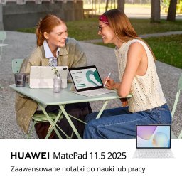NO PLANET B SPÓŁKA Z OGRANICZONĄ ODPOWIEDZIALNOŚCIĄ - Dwie uśmiechnięte kobiety siedzą przy stoliku w plenerze, używając tabletów Huawei MatePad 11.5. Jeden tablet wyświetla plan realizacji, drugi ma dołączoną klawiaturę.