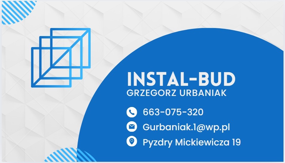 Wizytówka firmy Instal-Bud Grzegorz Urbaniak z niebieskim logo instalacji, numerem telefonu, adresem e-mail i adresem siedziby na białym tle z geometrycznym wzorem.