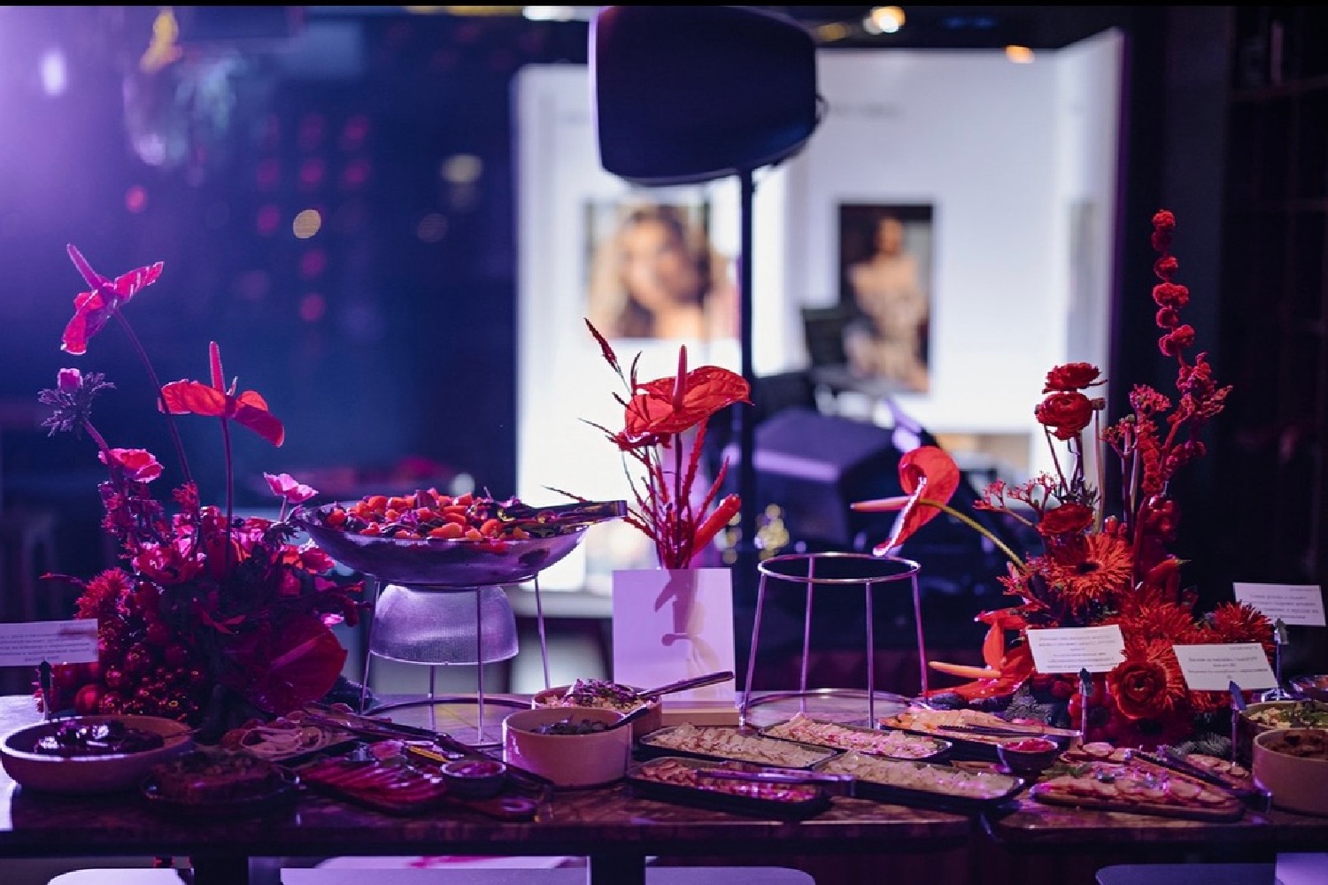 Stół cateringowy z czerwonymi kwiatami i przekąskami podświetlony fioletowym światłem, w tle sprzęt nagłośnieniowy i portrety na białym tle. Dekoracja eventowa.