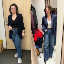Edyta Zaboroś Stylistka Personal shooper - Kolaż 'przed i po' prezentujący zmianę stylizacji kobiety: po lewej w dopasowanych jeansach i sneakersach, po prawej w szerokich spodniach i szpilkach, w tej samej marynarce.
