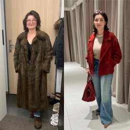 Edyta Zaboroś Stylistka Personal shooper - Kobieta prezentuje stylizację 'przed i po': futro vintage kontra czerwona kurtka z szerokimi jeansami i torbą. Zmiana wizerunku w przymierzalni.