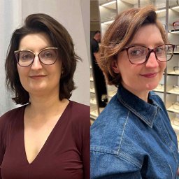 Edyta Zaboroś Stylistka Personal shooper - Portret kobiety przed i po doborze okularów korekcyjnych. Po lewej w bordowej bluzce, po prawej w jeansowej kurtce, na tle półek z okularami.