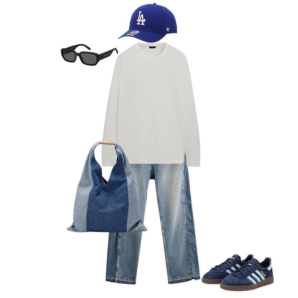 Stylizacja z dżinsami z rozcięciami, białym longsleevem, niebieską czapką LA, torbą patchworkową i granatowymi butami Adidas Samba. Casualowy look.