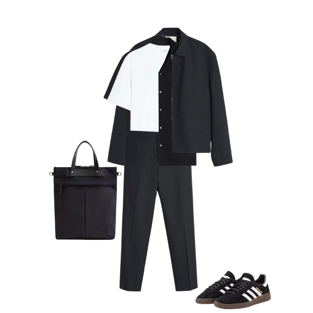 Komplet ubrań w odcieniach czerni i bieli: spodnie, koszula, kurtka, torba i buty sportowe Adidas Spezial. Zestawienie na białym tle, prezentacja gotowej stylizacji.