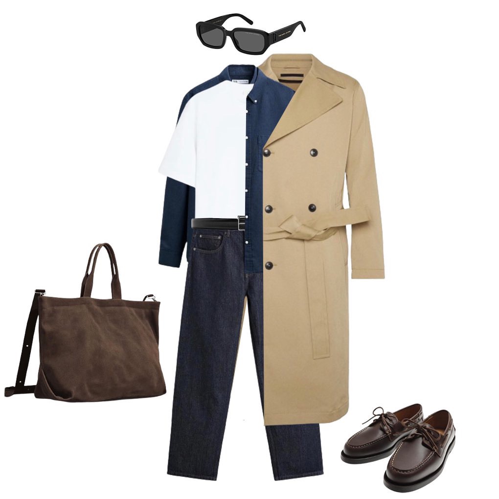 Kompletny męski outfit: trencze, koszula, dżinsy, mokasyny, torba i okulary przeciwsłoneczne, tworzący spójną stylizację.