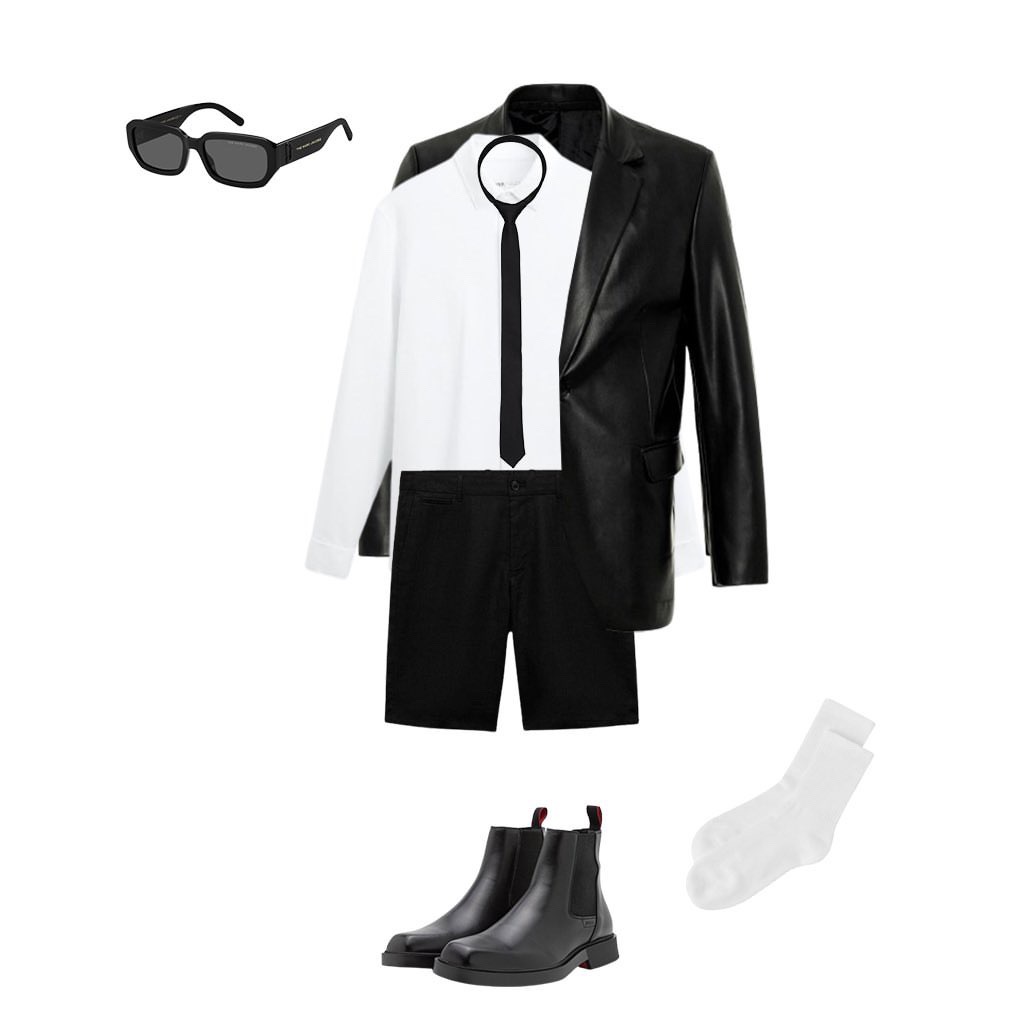 Stylizacja: czarna skórzana kurtka, biała koszula z krawatem, czarne szorty, botki i okulary. Białe skarpetki dopełniają look. Prezentacja na białym tle.