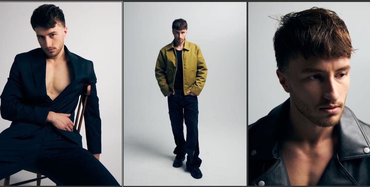 Sesja zdjęciowa mężczyzny w trzech różnych stylizacjach: garnitur, kurtka i skórzana ramoneska. Usługi stylisty w Warszawie.