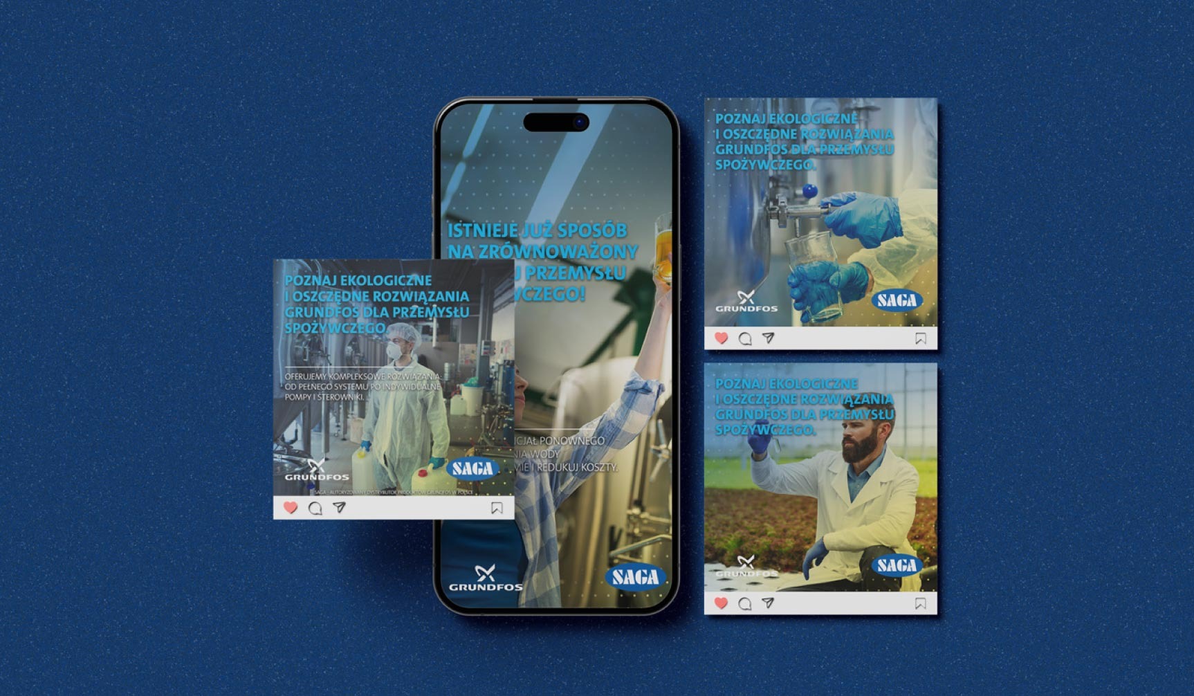 Smartfon prezentuje post z Instagrama firmy Grundfos, promujący ekologiczne rozwiązania dla przemysłu spożywczego. Widoczne logo Grundfos i SAGA.