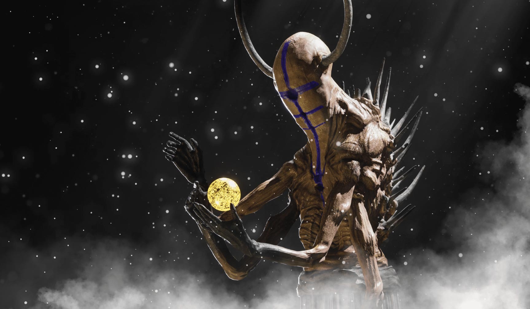 Abstrakcyjna postać z rogami i niebieskimi znakami na twarzy, trzymająca świecącą kulę na tle ciemnego, gwiaździstego nieba z efektem mgły.