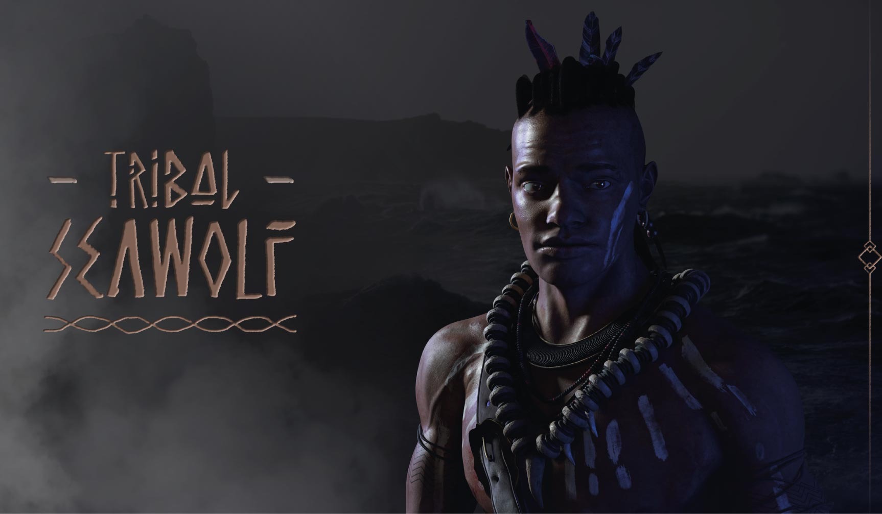 Mężczyzna z plemiennym makijażem i fryzurą na tle morskiego krajobrazu, obok napis 'Tribal Seawolf' w stylistyce etnicznej. Mroczna, artystyczna kompozycja.